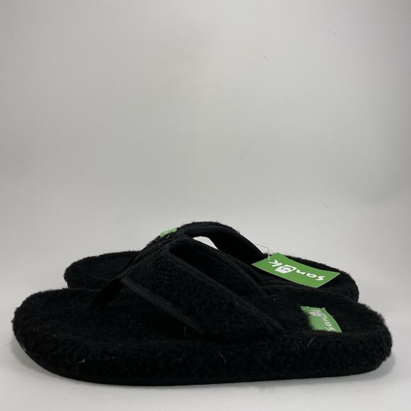 Sanuk Furreal Classic Chill Fuzzy Flip Flops Womens Size 7 Black Sandals Thong - Picture 3 of 9